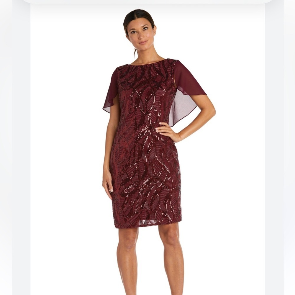 NWT,R&M Richards , 7531 Short Cocktail wine size 14  Capelet Dress wedding guest